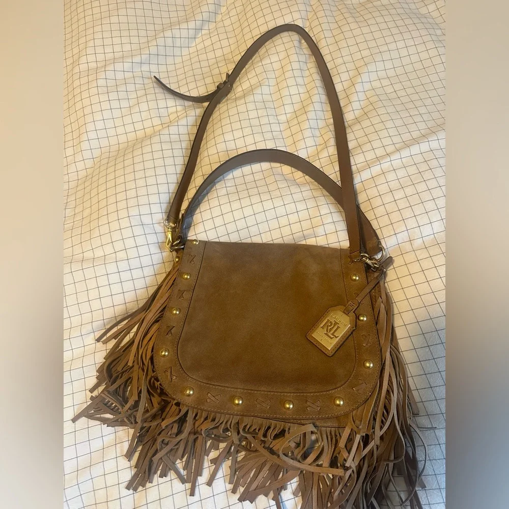 Lauren Ralph Lauren Beige Suede Fringe Shoulder Bag - Picture 2 of 10